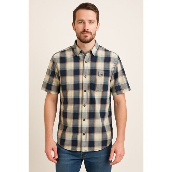 Carhartt Men’s Short Sleeve Button Down Shirt Size L Blue Plaid 100% Cotton - Picture 1 of 12